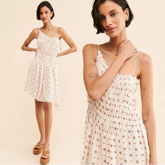 NWOT Free People Clementina Ivory Combo Smocked Bodice Mini Dress Size S - Picture 3 of 9
